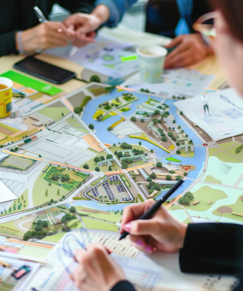 Urban planning team at a table, working on sketches and eco-conscious designs for future cities.