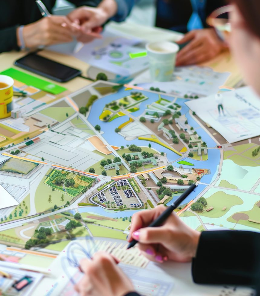 Urban planning team at a table, working on sketches and eco-conscious designs for future cities.